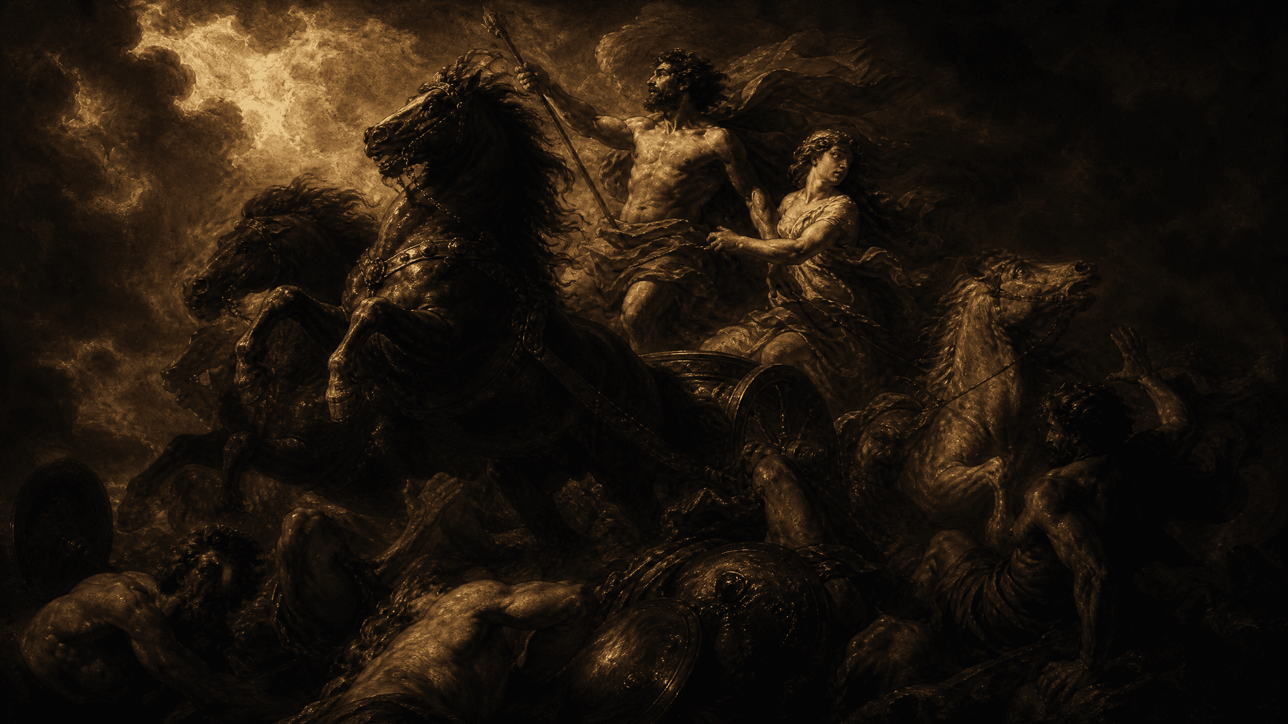Baroque painting of a rider amid a dramatic, shadowed sky