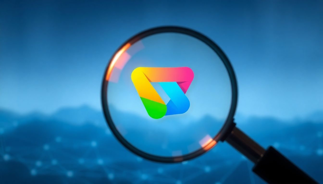 A magnifying glass over a glowing brand logo.