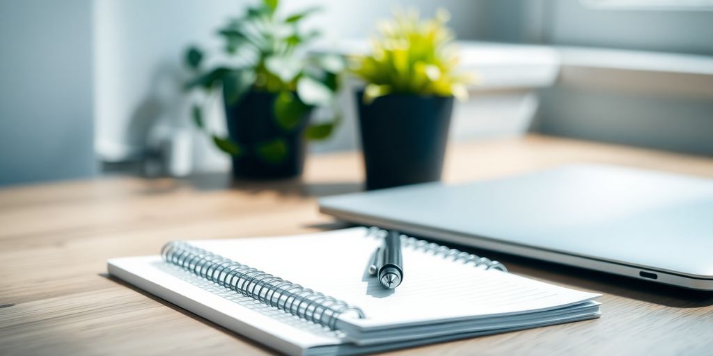 Modern office desktop with computer, pen, and notebook.