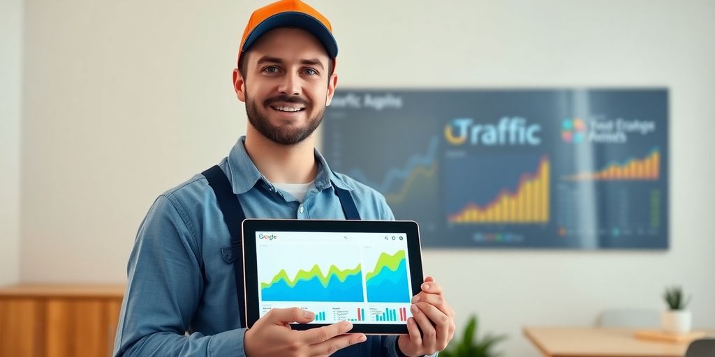 Plumber with tablet, digital marketing focus